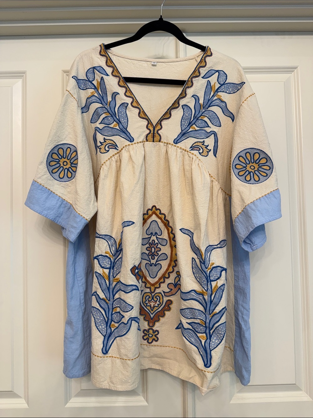 Women's Cream Embroidered Tunic Dress with Blue Accents